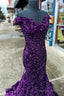 Cheap Off The Shoulder Sequins Prom Dress Purple Long Evening Dress