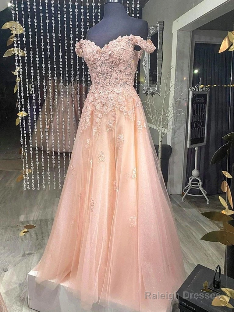 Cheap Pink Lace Prom Dresses Off Shoulder Tulle Long Evening Dresses Main image