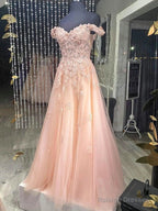 Cheap Pink Lace Prom Dress Off Shoulder Tulle Long Prom Dress