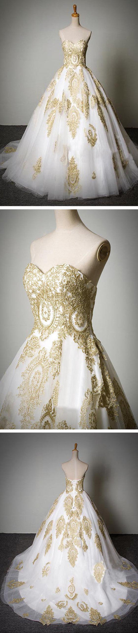 Cheap Popular Classic Sweetheart Gold Lace White Tulle Wedding Prom Dress