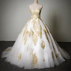 Cheap Popular Classic Sweetheart Gold Lace White Tulle Wedding Prom Dress