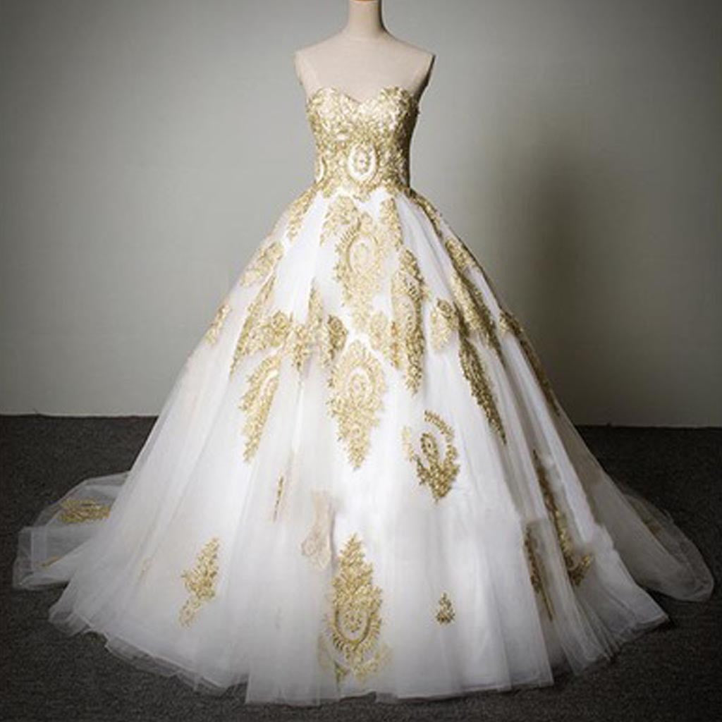Cheap Popular Classic Sweetheart Gold Lace White Tulle Wedding Prom Dress