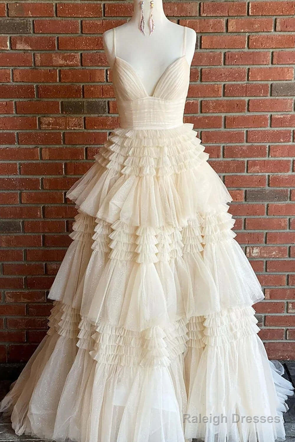 Cheap  Prom Dresses Sequin Tulle V Neck Ruffles Formal Dresses Long Secondary image