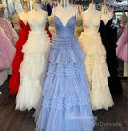 Cheap  Prom Dresses Sequin Tulle V Neck Ruffles Formal Dresses Long