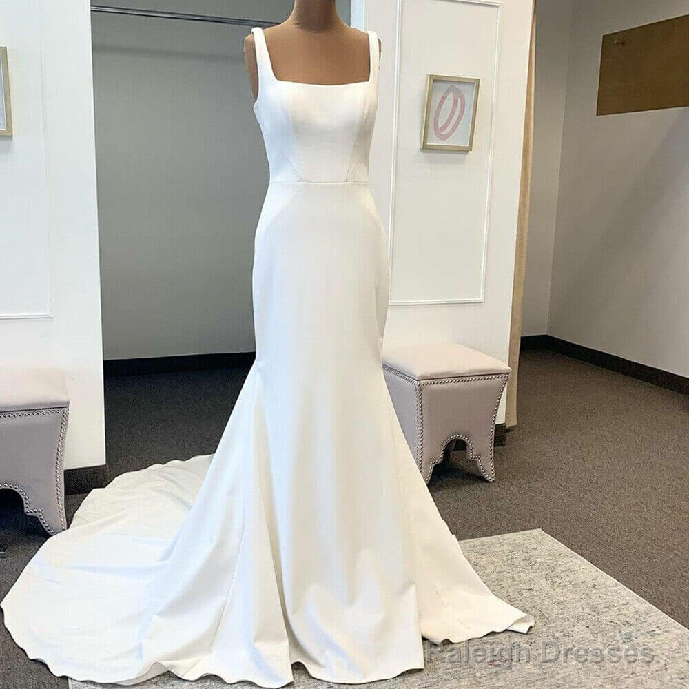 Cheap Satin Square Neck Wedding Dress Mermaid Straps Bridal Gown Buttons Main image