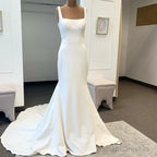 Cheap Satin Square Neck Wedding Dress Mermaid Straps Bridal Gown Buttons