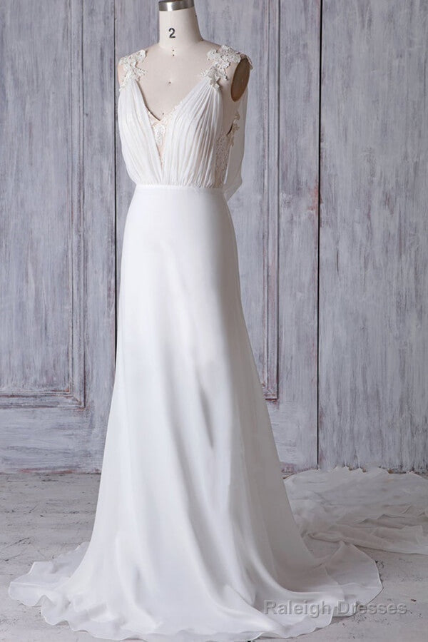 Cheap Sheath Lace Chiffon Long Beach Wedding Dress