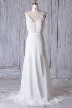 Cheap Sheath Lace Chiffon Long Beach Wedding Dress