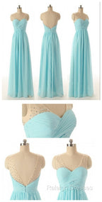 Cheap Simple Junior Strapless Sweetheart Blue Chiffon A-Line Floor-Length Wedding Prom Bridesmaid Dress