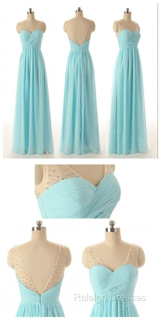 Cheap Simple Junior Strapless Sweetheart Blue Chiffon A-Line Floor-Length Wedding Prom Bridesmaid Dress