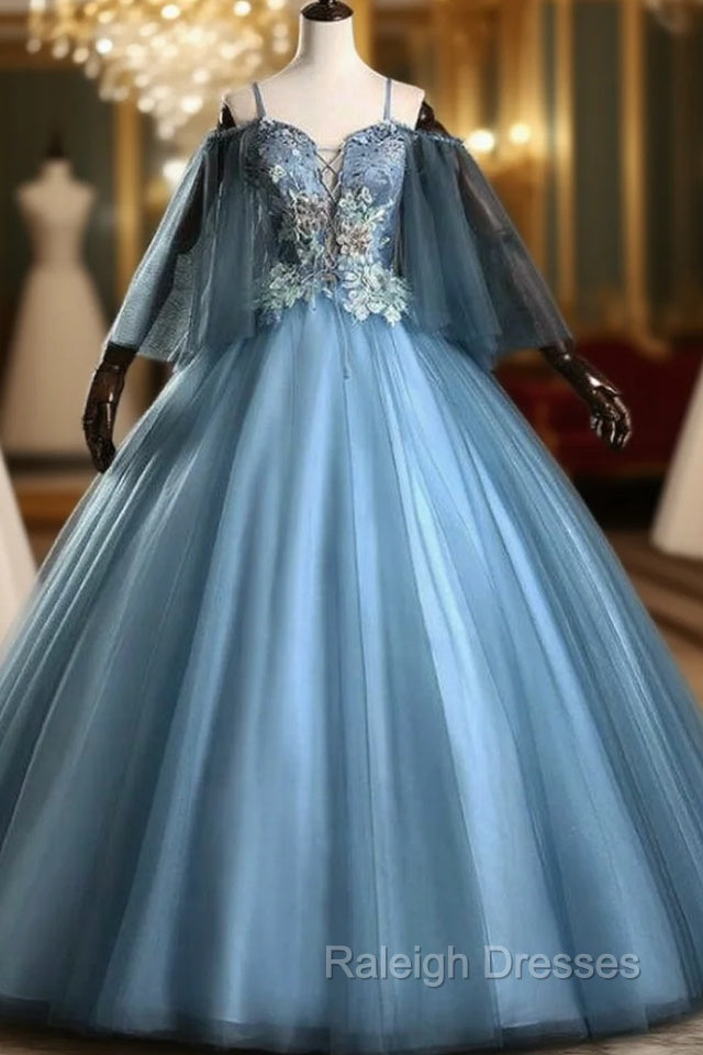 Check Out Entire Collection Blue Ball Gown Spaghetti Straps Appliques Beading Quinceanera Dress Main image