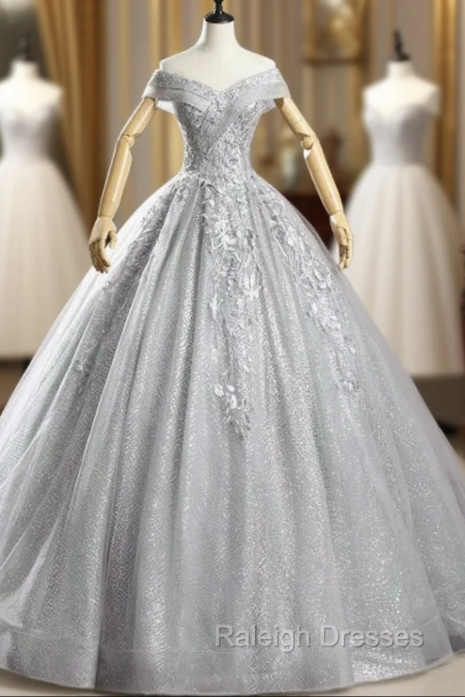 Check Out Entire Collection Silver Gray Sequins Appliques Off the Shoulder Quinceanera Dress Main image
