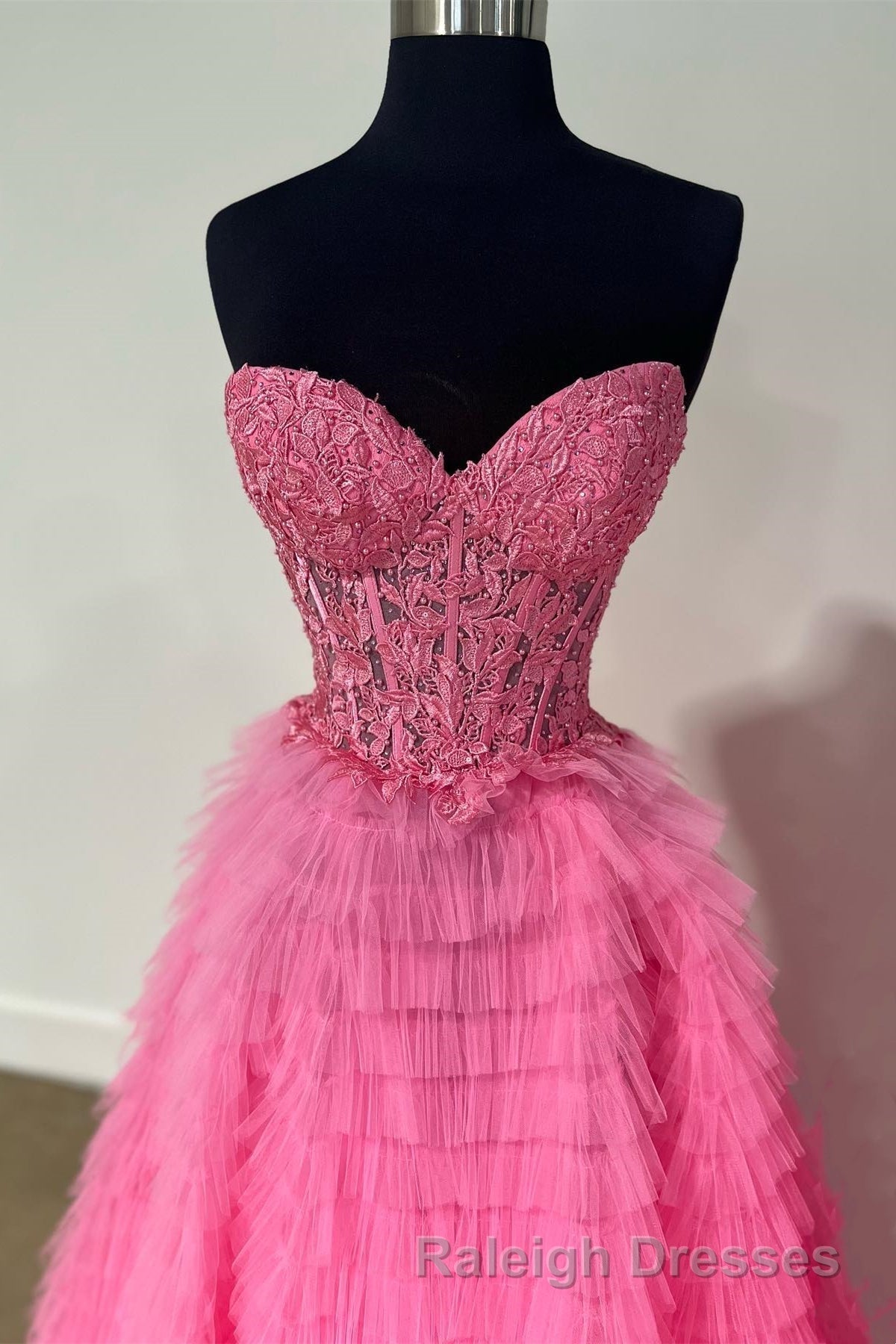 Yellow Lace-Up Floral Multi-Layers Strapless A-line Long Prom Dress