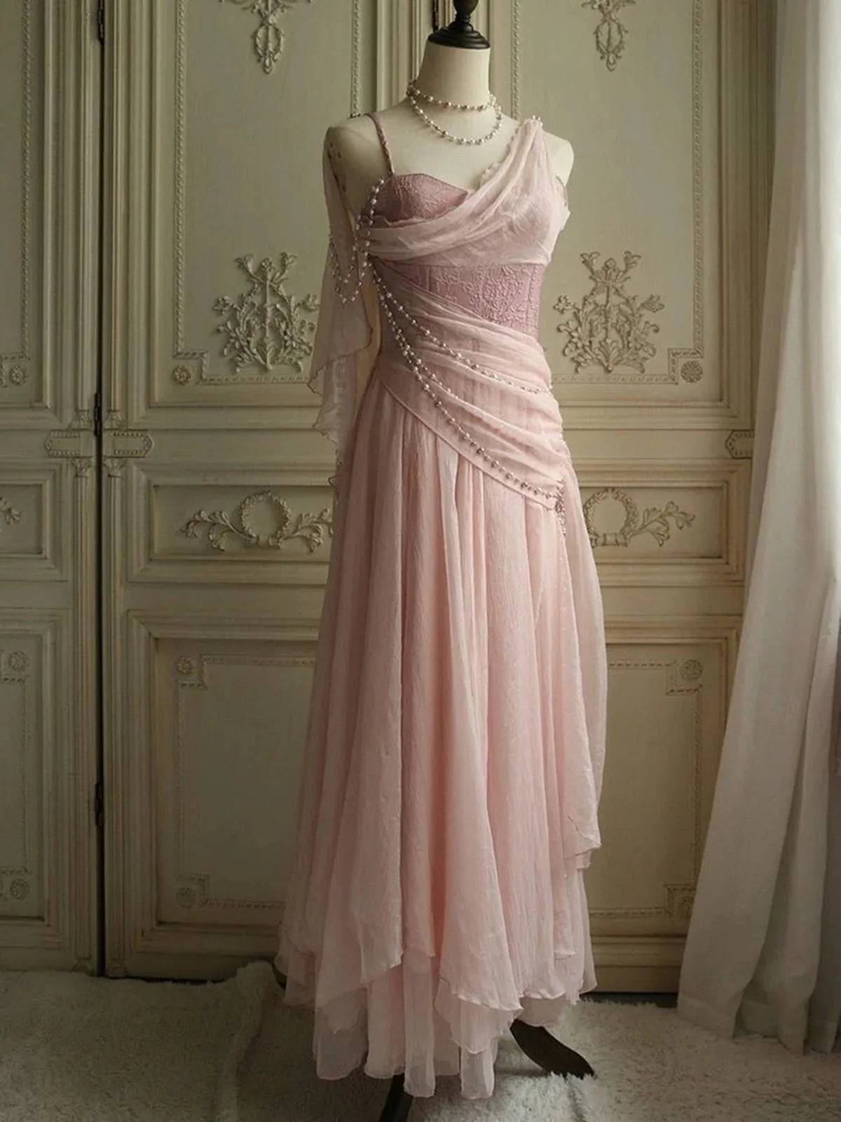 Sweet Elegant Pink Pearl Long Tulle Prom Dress Evening Dress Party Dress