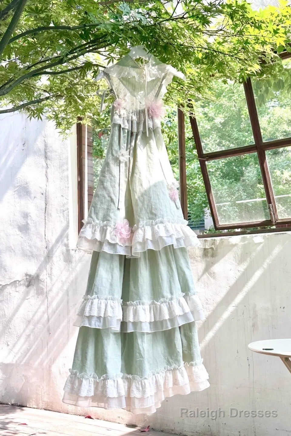 Chic A-Line High Neckline Mint Green Chiffon Ruffles Lace Prom Dress Long Birthday Outfits Secondary image