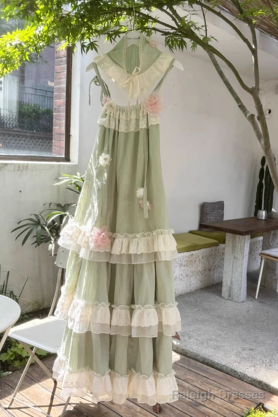 Chic A Line High Neckline Mint Green Chiffon Ruffles Lace Long Prom Dresses Birthday Outfits Main image