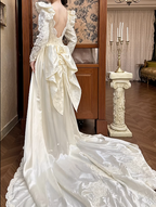 Chic A-Line Long Wedding Dress Satin V-Neck White Bridal Gown Lace Long Sleeves Bridal Dress