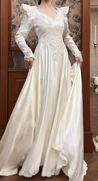 Chic A-Line Long Wedding Dress Satin V-Neck White Bridal Gown Lace Long Sleeves Bridal Dress