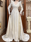 Chic A-Line Long Wedding Dress Satin V-Neck White Bridal Gown Lace Long Sleeves Bridal Dress