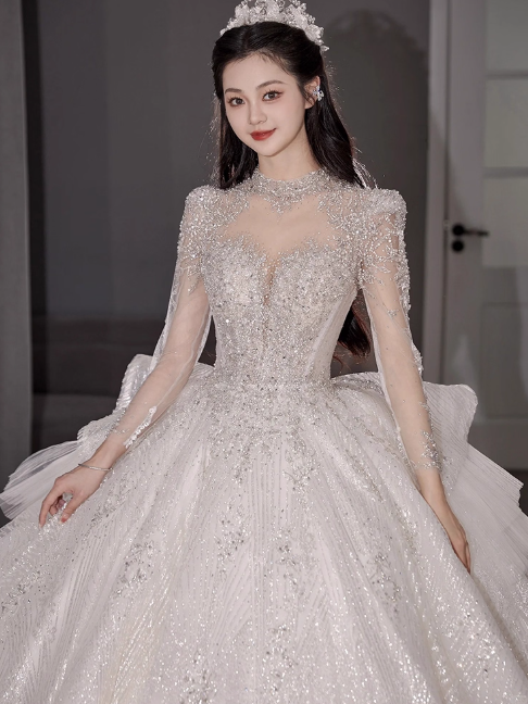 Chic A-Line Long Wedding Dress Tulle White Bridal Gown Long Sleeves Bridal Dress Secondary image