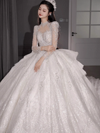 Chic A-Line Long Wedding Dress Tulle White Bridal Gown Long Sleeves Bridal Dress