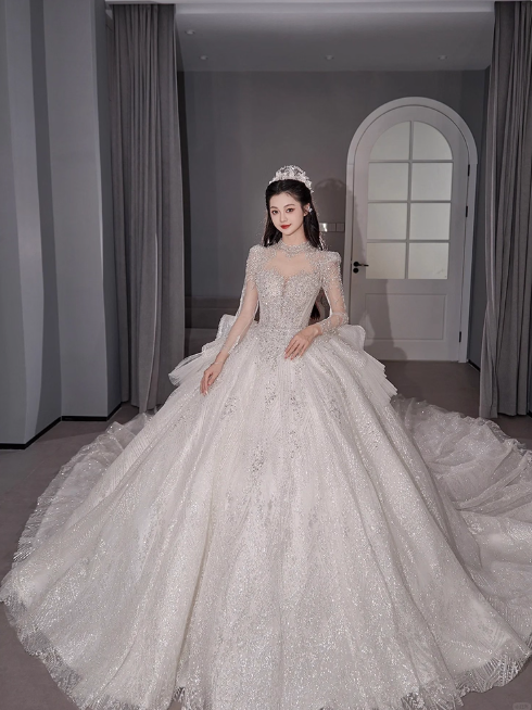 Chic A-Line Long Wedding Dress Tulle White Bridal Gown Long Sleeves Bridal Dress