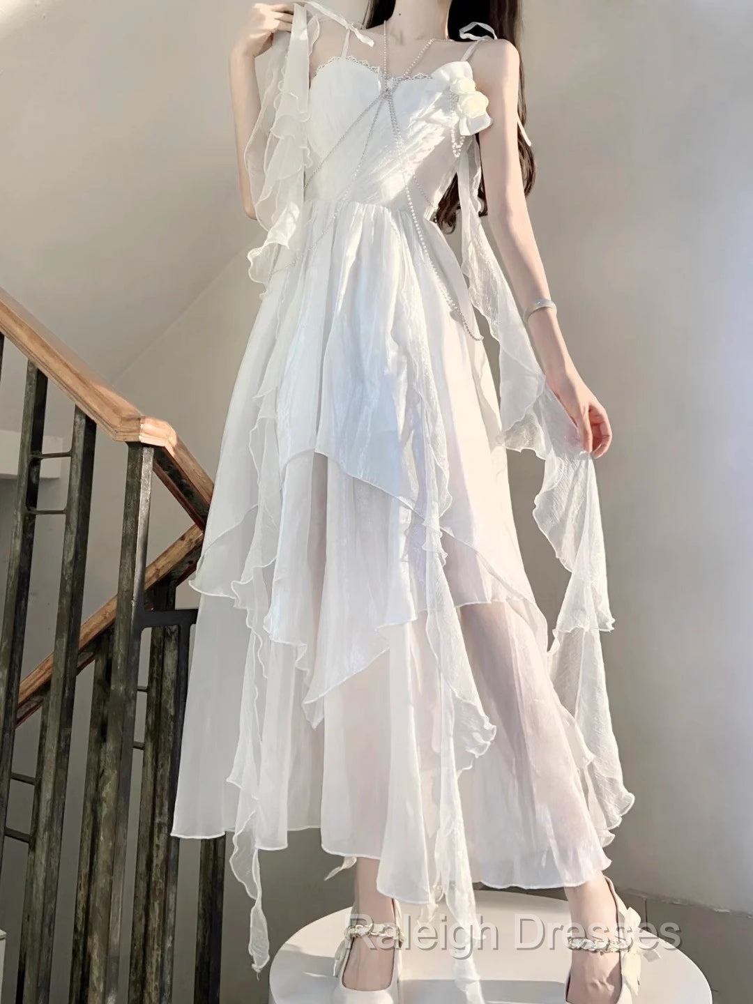 Chic A Line Spaghetti Straps Chiffon White Ankle Length Birthday Dresses Birthday Outfits Secondary image