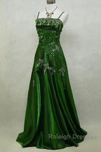 Chic A Line Spaghetti Straps Green Satin Evening Dress Long Prom Dresses
