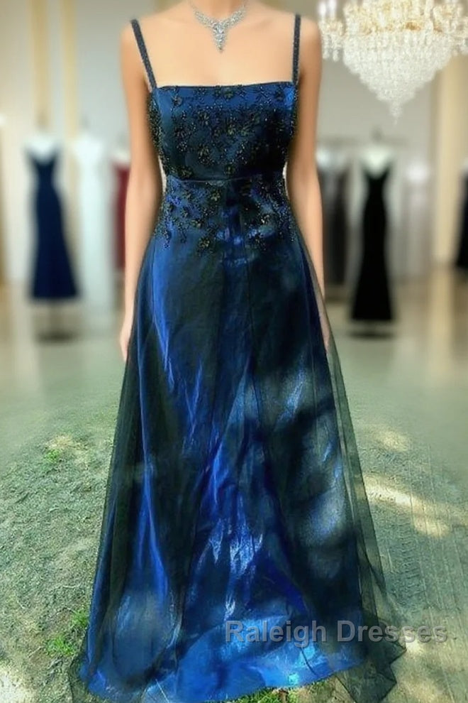 Chic A Line Spaghetti  Straps Navy Blue Tulle Evening Dress Long Prom Dresses Main image