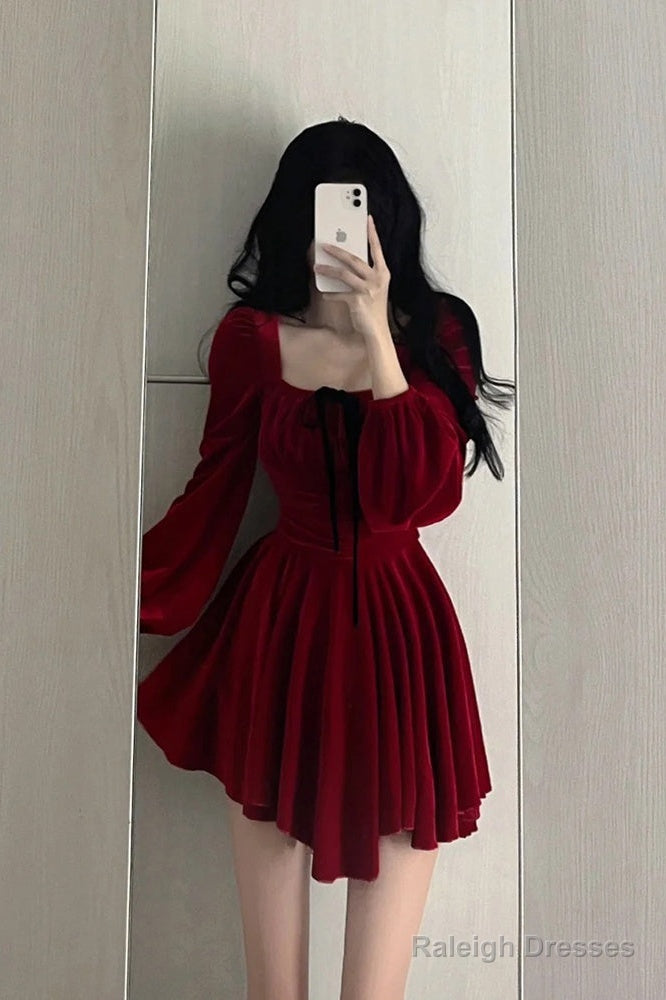 Chic A Line Square Neckline Long Sleeves Red Velvet Party Dress Birthday Dresses Birthday Outfits Secondary image