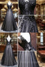 Chic A-Line V-Neck Floor Length Tulle Black Applique Long Prom Dress Evening Dress