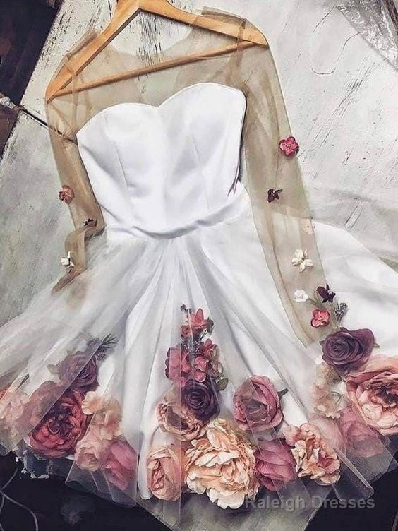 Chic A-Line V Neck Hand-Made Flower Homecoming Dress Unique Short Dresses Long Sleeve Homecoming Dress Secondary image