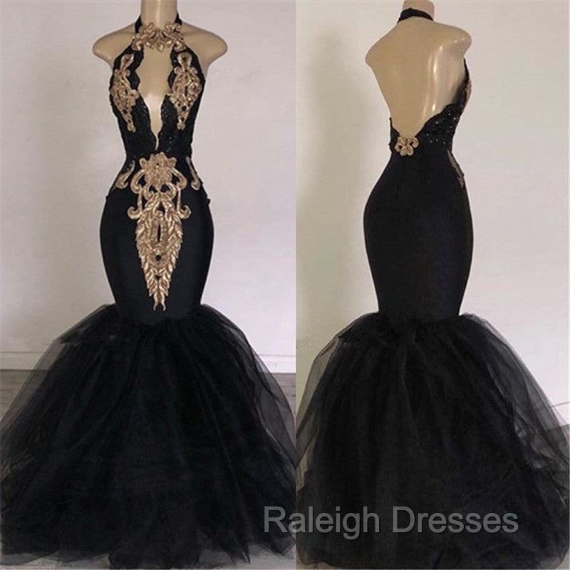 Chic Backless Prom Dresses with Gold Appliques Mermaid Halter Evening Gowns with Keyhole