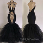 Chic Backless Prom Dresses with Gold Appliques Mermaid Halter Prom Gown with Keyhole