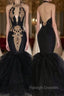 Chic Backless Prom Dresses with Gold Appliques Mermaid Halter Evening Gowns with Keyhole