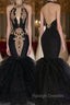 Chic Backless Prom Dresses with Gold Appliques Mermaid Halter Prom Gown with Keyhole