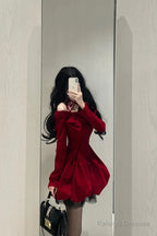 Chic Ball Gowns Long Sleeves Red Velvet Prom Dresses Birthday Dress Birthday Outfits