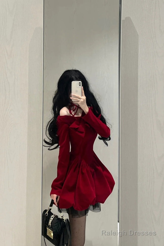 Chic Ball Gowns Long Sleeves Red Velvet Prom Dresses Birthday Dress Birthday Outfits