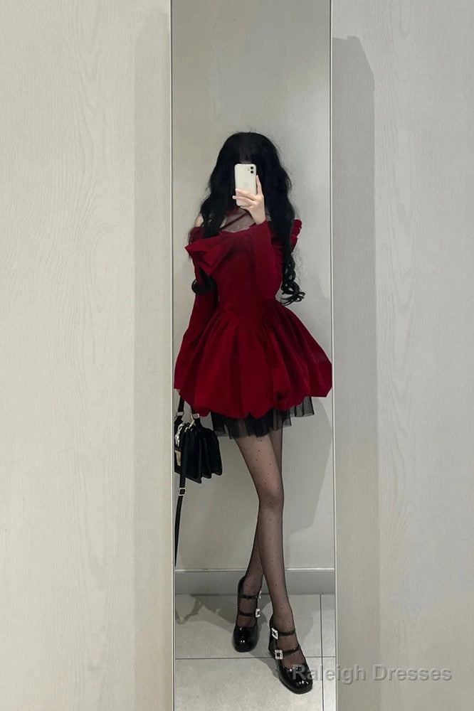 Chic Ball Gowns Long Sleeves Red Velvet Prom Dresses Birthday Dress Birthday Outfits