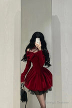 Chic Ball Gowns Long Sleeves Red Velvet Prom Dresses Birthday Dress Birthday Outfits