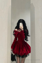Chic Ball Gowns Long Sleeves Red Velvet Prom Dresses Birthday Dress Birthday Outfits