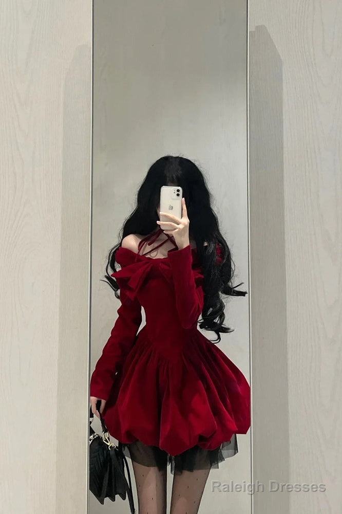 Chic Ball Gowns Long Sleeves Red Velvet Prom Dresses Birthday Dress Birthday Outfits