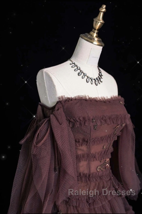 Chic Ball Gown Off The Shoulder Long Sleeves Evening Dress Tulle Long Prom Dresses