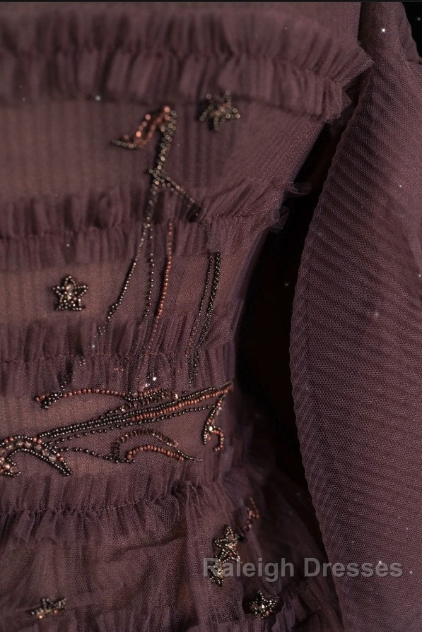 Chic Ball Gown Off The Shoulder Long Sleeves Evening Dress Tulle Long Prom Dresses