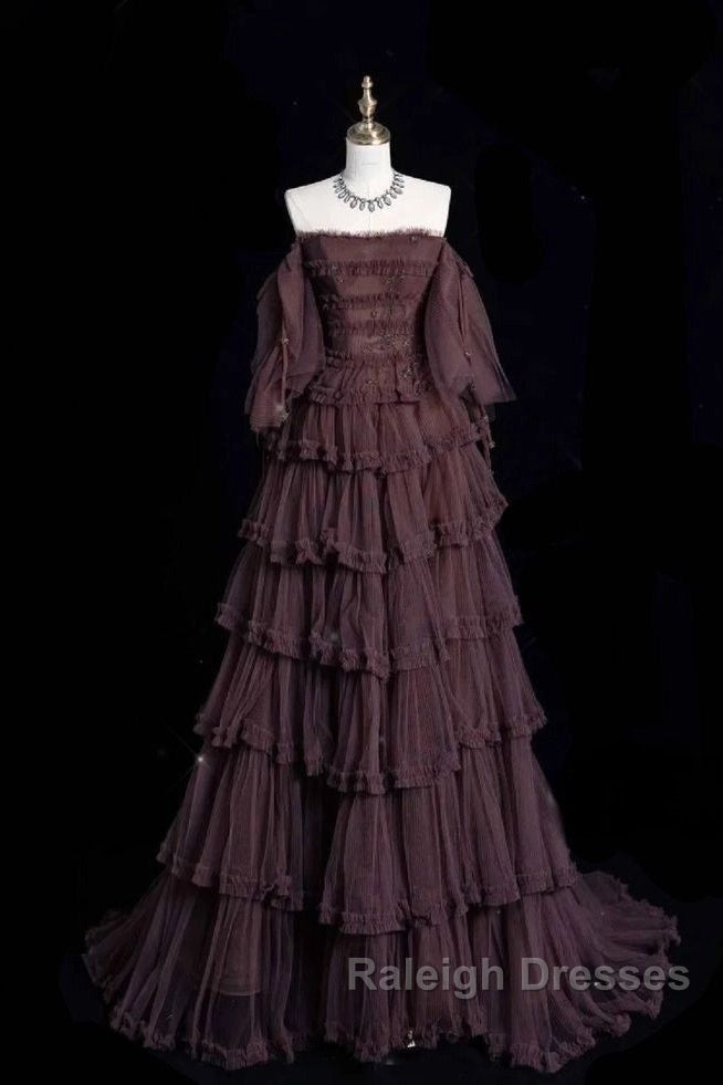 Chic Ball Gown Off The Shoulder Long Sleeves Evening Dress Tulle Long Prom Dresses