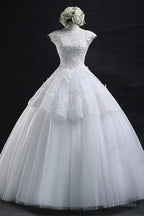 Chic Ball Gown Scoop Long Lace-Up Tulle Wedding Dress With Appliques