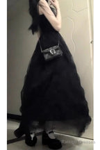 Chic Ball Gown Spaghetti Straps Black Tulle Long Birthday Dresses Birthday Outfits