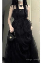 Chic Ball Gown Spaghetti Straps Black Tulle Long Birthday Dresses Birthday Outfits