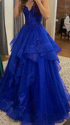 Chic Ball Gown Spaghetti Straps Burgundy Tulle Lace Long Prom Dress Evening Formal Gowns