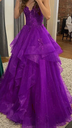 Chic Ball Gowns Spaghetti Straps Burgundy Tulle Lace Prom Dresses Long Prom Gown